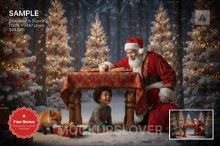 christmas digital backdrop featuring santa claus and woodland animals for holiday photos