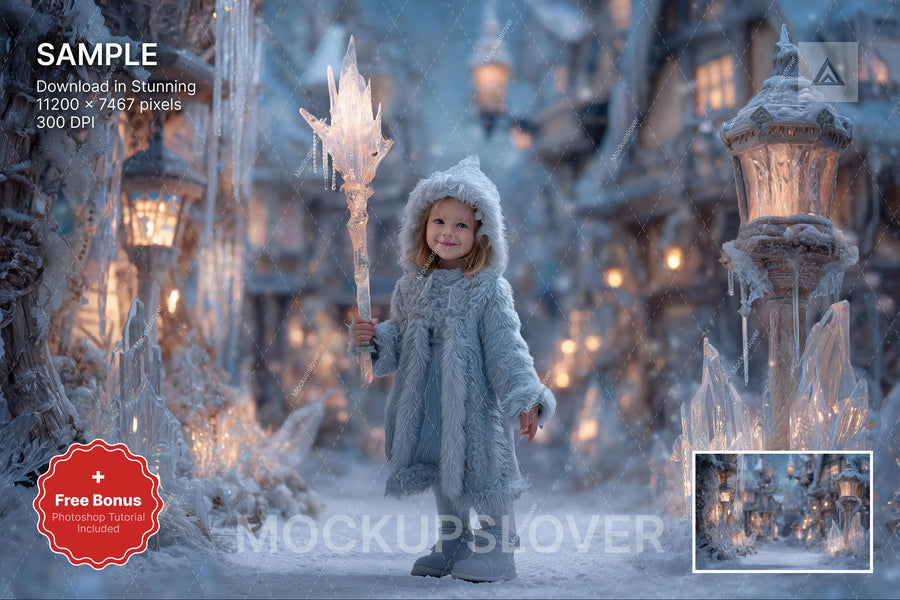 frozen princess scene with winter landscape background and festive props