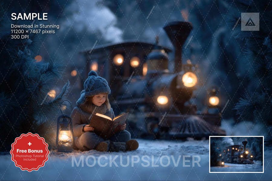 christmas train scene with winter landscape background and festive props