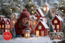 nordic christmas village photo backdrop for digital editing in photoshop or canva; winter wonderland scene for holiday photos