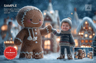 giant gingerbread man in winter scene, christmas village background, holiday kids candyland prop, photoshop template