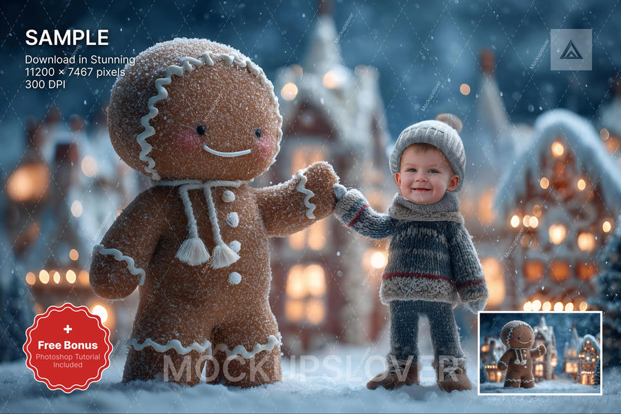 giant gingerbread man in winter scene, christmas village background, holiday kids candyland prop, photoshop template