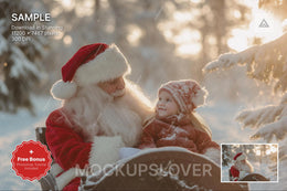 kids and newborn in christmas scene with santa sleigh and winter backdrop for holiday portraits