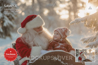 kids and newborn in christmas scene with santa sleigh and winter backdrop for holiday portraits