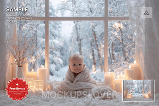 children gazing through a christmas window with festive decor and snowflakes, digital backdrop for holiday photos