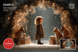winter fantasy forest scene with woodland animals and red fox, ideal for holiday photo shoots
