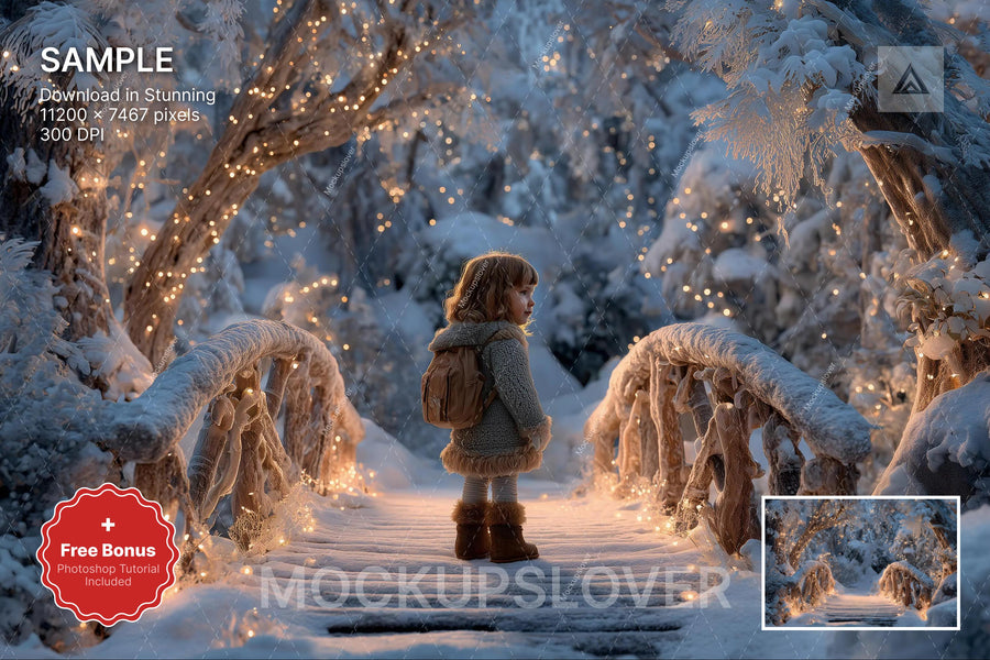 winter scene with forest, bridge, and christmas lights, ideal for holiday photography backgrounds