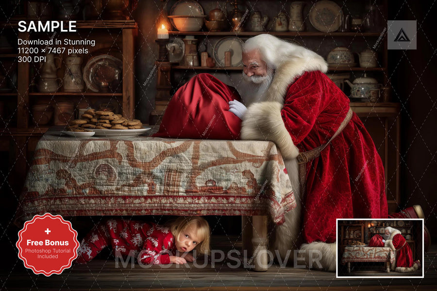 santa claus and christmas kitchen scene, holiday backdrop for festive photos