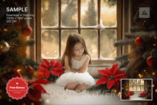 christmas window digital backdrop with cozy winter scene, ideal for holiday photo shoots