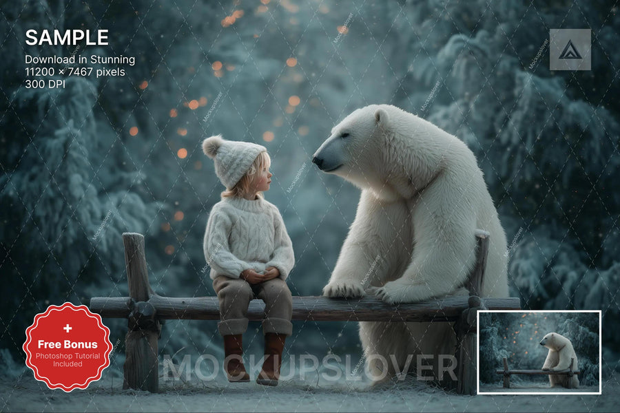 polar bear scene with winter forest backdrop, ideal for holiday photo sessions
