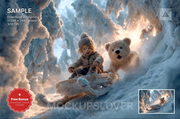 digital backdrop featuring winter forest, teddy bear, and sleigh for holiday photo sessions