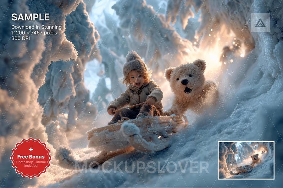 digital backdrop featuring winter forest, teddy bear, and sleigh for holiday photo sessions