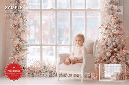 pink christmas window with floral decor in winter wonderland studio, digital backdrop