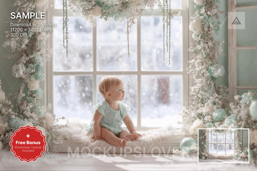 christmas scene with window, winter backdrop, holiday photo background, kids, family, festive setting