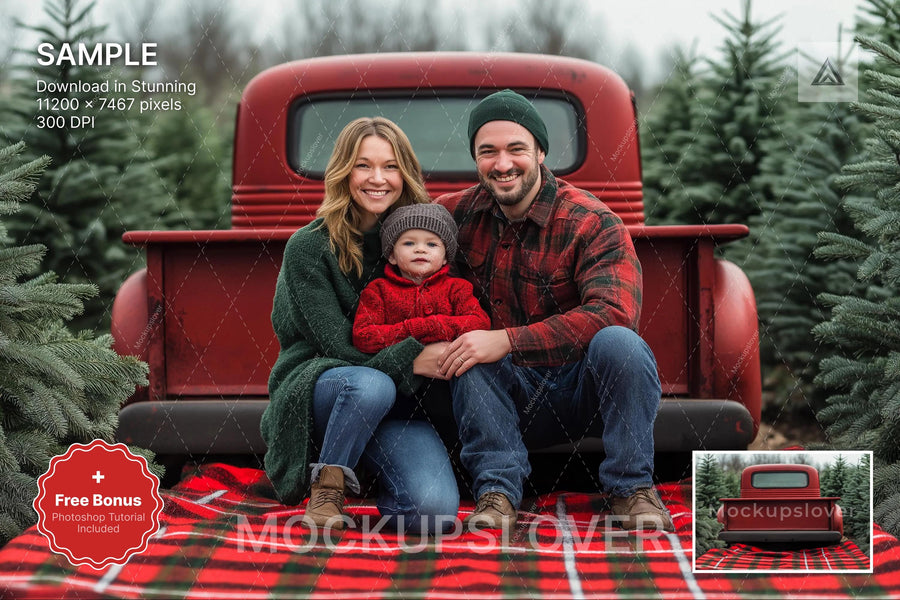 vintage christmas truck scene, holiday backdrop for winter family photos
