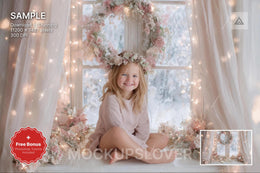 scene of a pink christmas window backdrop with floral accents, suitable for holiday photo sessions