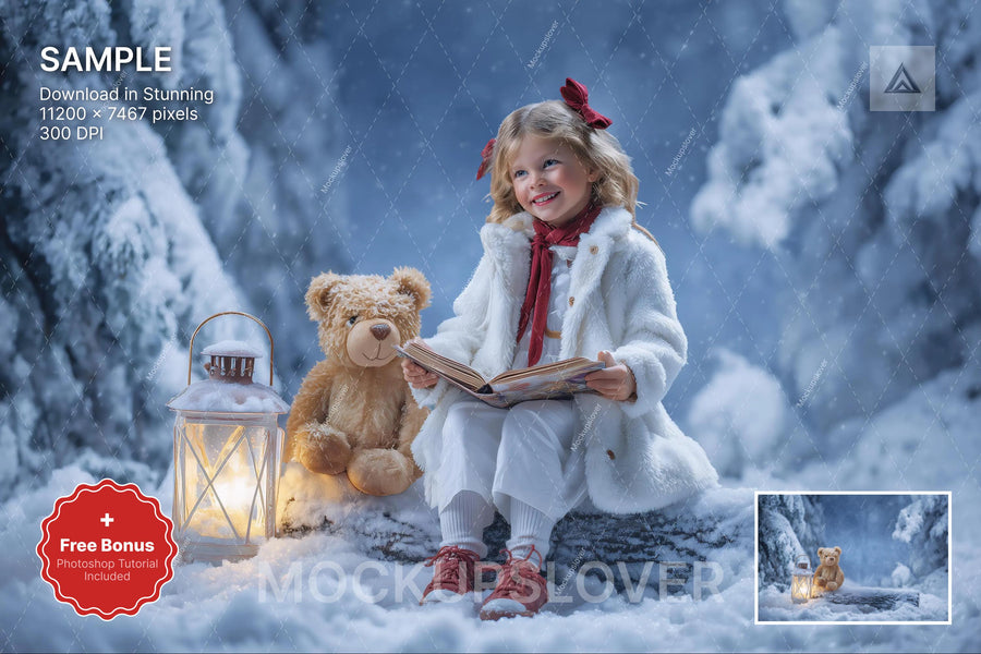 winter fantasy forest scene with teddy bear, log, lantern, perfect for holiday photos