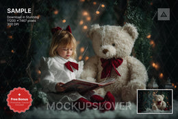 teddy bear in fantasy forest winter wonderland christmas backdrop for digital photo