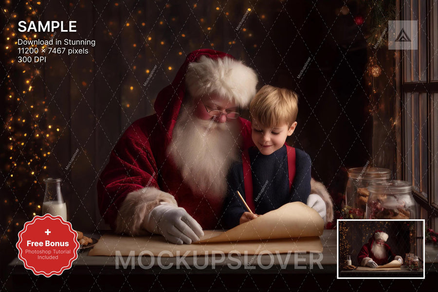 santa claus character in front of cozy wooden house backdrop for holiday photography