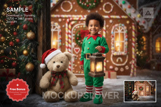 christmas teddy bear scene with winter landscape background and festive props