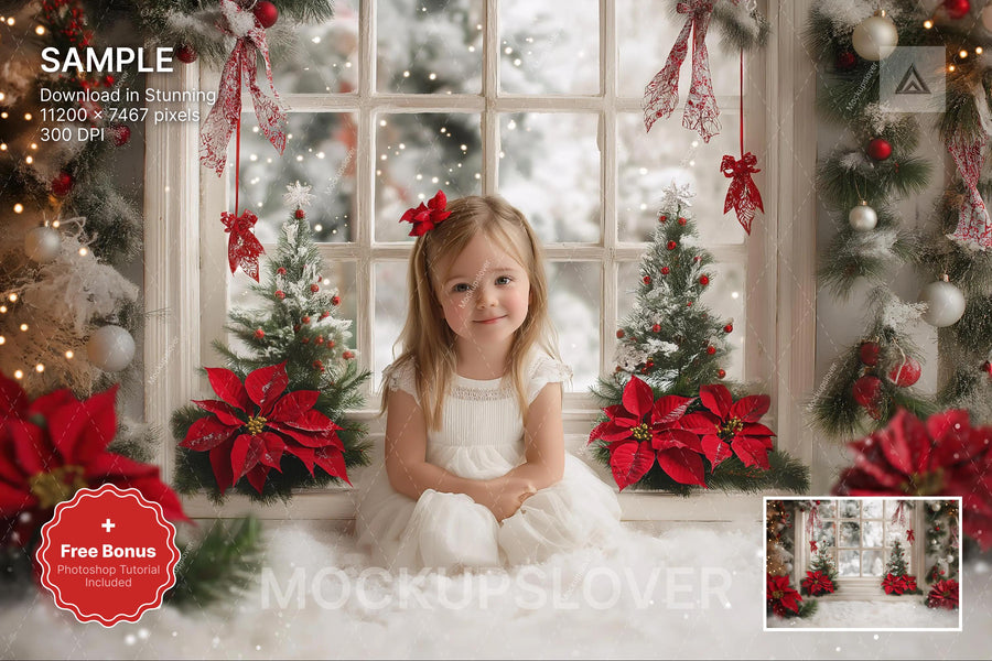 digital backdrop featuring a white christmas window scene, ideal for holiday photography and christmas parties