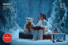 scene of a winter forest with christmas animals, teddy bear, lantern, log, ideal for holiday photo shoots