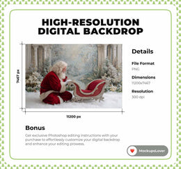 Christmas Digital Backdrop, Santa Claus, Santa Sleigh, Winter Wonderland Photo Background, Holiday Studio Kid Prop, Photoshop/Canva Template