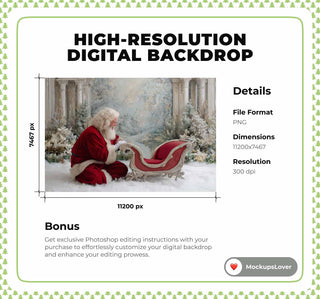 Christmas Digital Backdrop, Santa Claus, Santa Sleigh, Winter Wonderland Photo Background, Holiday Studio Kid Prop, Photoshop/Canva Template