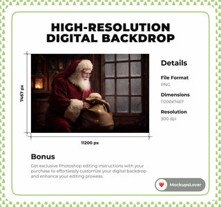 Christmas Digital Backdrop, Santa Claus Workshop Photo Background, Holiday Kids Prop, Winter Wonderland, Photoshop & Canva Template