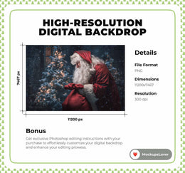 Christmas Digital Backdrop, Santa Claus, Gifts, Winter Wonderland Photo Background, Holiday Kids Prop, North Pole, Photoshop/Canva Template