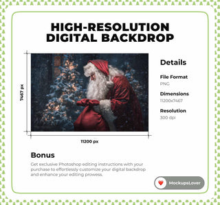 Christmas Digital Backdrop, Santa Claus, Gifts, Winter Wonderland Photo Background, Holiday Kids Prop, North Pole, Photoshop/Canva Template