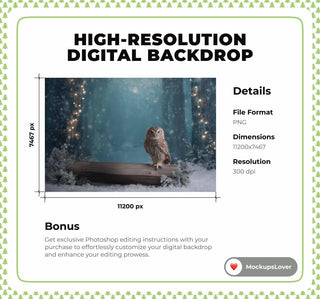 Winter Fantasy Forest Digital Backdrop, Woodland Creatures Photo Background, Christmas Holiday Kids Prop, Wise Owl, Photoshop/Canva Template