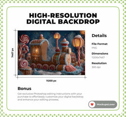 Christmas Gingerbread Train Digital Backdrop, Winter Wonderland Photo Background, Holiday Kids Candyland Props, Photoshop & Canva Template