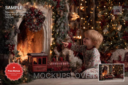 scene with a christmas train, cozy fireplace, and winter backdrop, ideal for holiday photo shoots