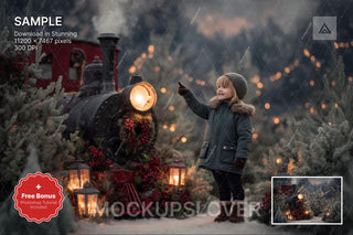 christmas train scene with winter landscape background and festive props
