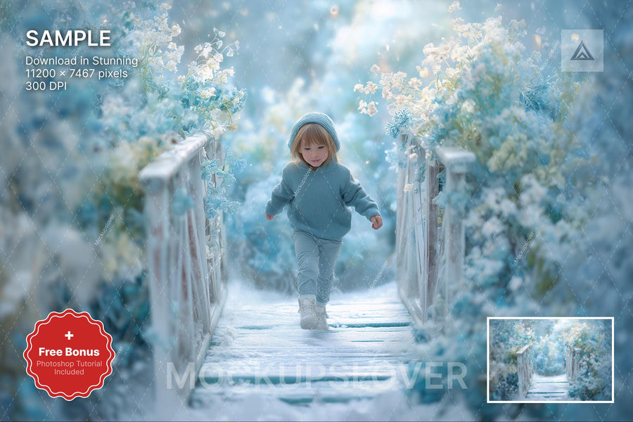 scene of a floral bridge in a winter wonderland, perfect for holiday photos, photoshop & canva templates