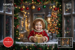 christmas window backdrop with winter scene, ideal for holiday photo editing and digital backgrounds