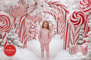 scene of a festive candy cane arch in a winter wonderland backdrop, suitable for holiday photo sessions