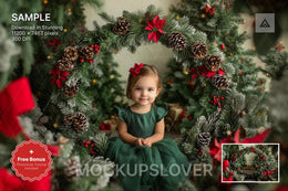 christmas digital background with poinsettia and arch backdrop, suitable for holiday portraits and photoshop projects