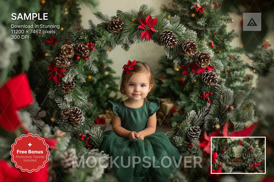 christmas digital background with poinsettia and arch backdrop, suitable for holiday portraits and photoshop projects