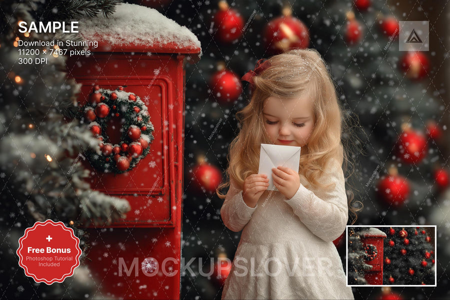red christmas mail box with letter to santa for photo editing and holiday kids portraits