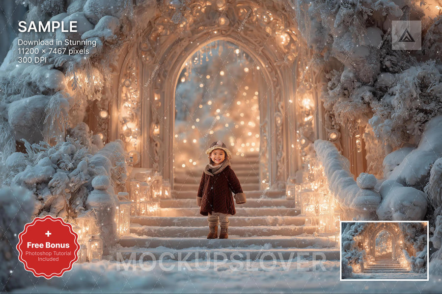 digital winter wonderland scene with festive arch backdrop, ideal for holiday photography and photo editing