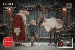 christmas farm digital backdrop with santa, reindeer, and winter scene, ideal for holiday photos