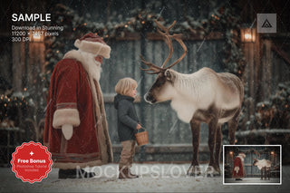 christmas farm digital backdrop with santa, reindeer, and winter scene, ideal for holiday photos