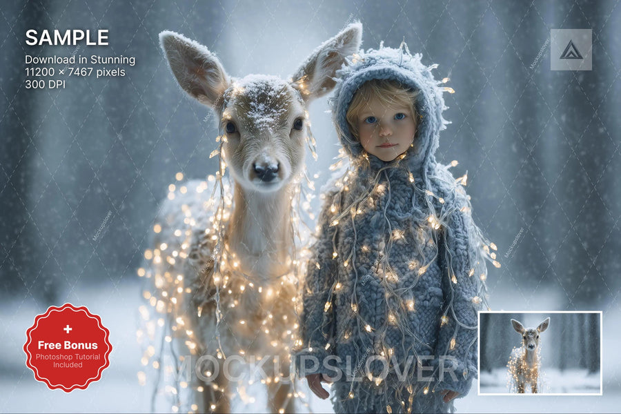 festive reindeer in a magical forest, a whimsical holiday backdrop for digital editing with fantasy elements