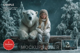 polar bear on forest background, winter scene, christmas holiday prop, north pole backdrop, suitable for photos