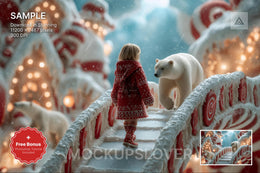 polar bear and north pole village scene, ideal for christmas photo backgrounds