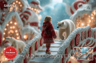 polar bear and north pole village scene, ideal for christmas photo backgrounds