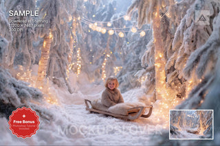 scene of a snowy forest with wooden sleigh, perfect for christmas backdrop and holiday photo shoots