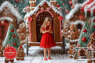gingerbread house with christmas cookies in winter wonderland digital backdrop for holiday photos